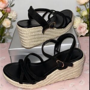 Black Strappy Espadrille Wedge Sandals